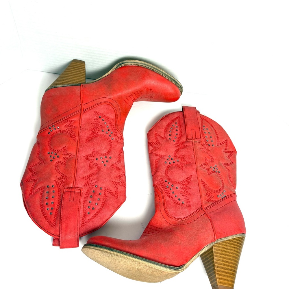 Very Volatile Red Cowgirl Boots Distressed Western Coastal Cowgirl Vegan Size 7 - Picture 6 of 12